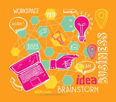 Beyin fırtınası kavramı. İş ve fikir düz tasarımı. Elle çizilmiş doodle kroki.