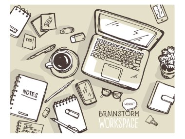 Beyin fırtınası kavramı. İş ve fikir düz tasarımı. Elle çizilmiş doodle kroki.