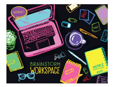 Beyin fırtınası kavramı. İş ve fikir düz tasarımı. Elle çizilmiş doodle kroki.