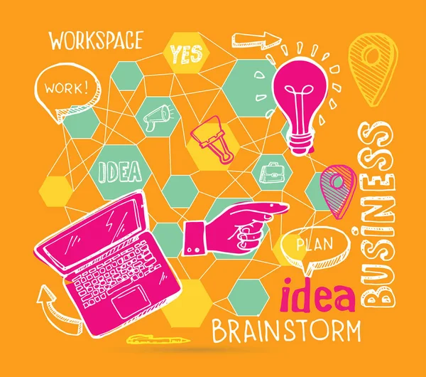 Beyin fırtınası kavramı. İş ve fikir düz tasarımı. Elle çizilmiş doodle kroki.