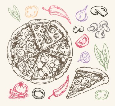 Elle çizilmiş doodle gıda illüstrasyon. Kahvaltı Seti. Üstten Görünüm çanağı. Italyan Mutfagi