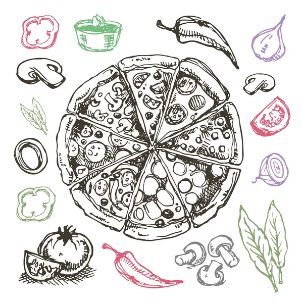 Ilustración de alimentos garabato dibujado a mano. Desayuno listo. Platillo vista superior.Comida italiana — Archivo Imágenes Vectoriales