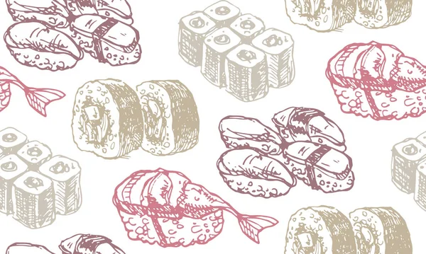 Conjunto de comida do mar com rabiscos desenhados à mão. Susi... Cozinha japonesa —  Vetores de Stock
