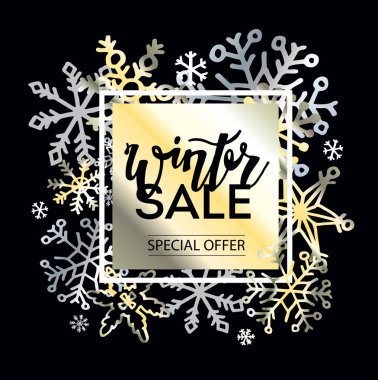 Kış satış doodle afiş ile kar tanesi. El yazı çekilmiş