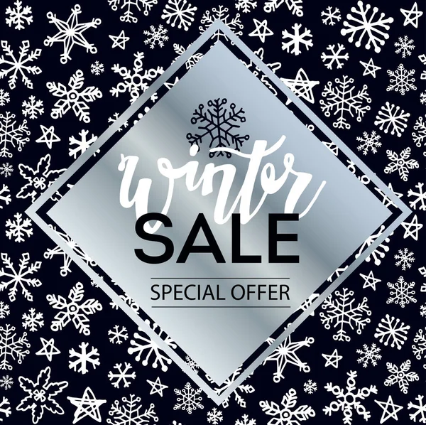 Kış satış doodle afiş ile kar tanesi. El yazı çekilmiş