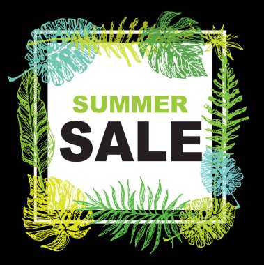 Elle çizilmiş doodle afiş palmiye ağacı ile bırakır. Satışı büyük başlığı