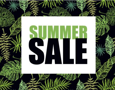 Elle çizilmiş doodle satışı büyük başlığı ile palmiye ağacı yaprakları