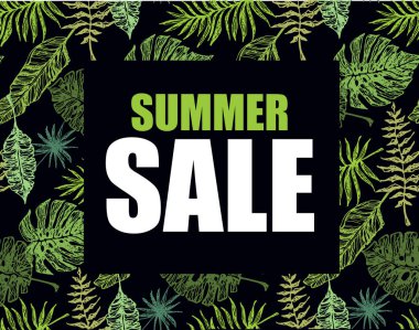 Elle çizilmiş doodle satışı büyük başlığı ile palmiye ağacı yaprakları