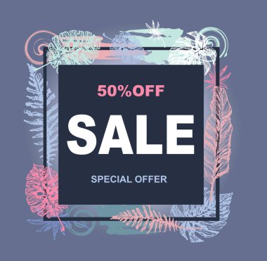 Elle çizilmiş doodle satışı büyük başlığı palmiye ağacı ile bırakır. Satışı büyük başlığı