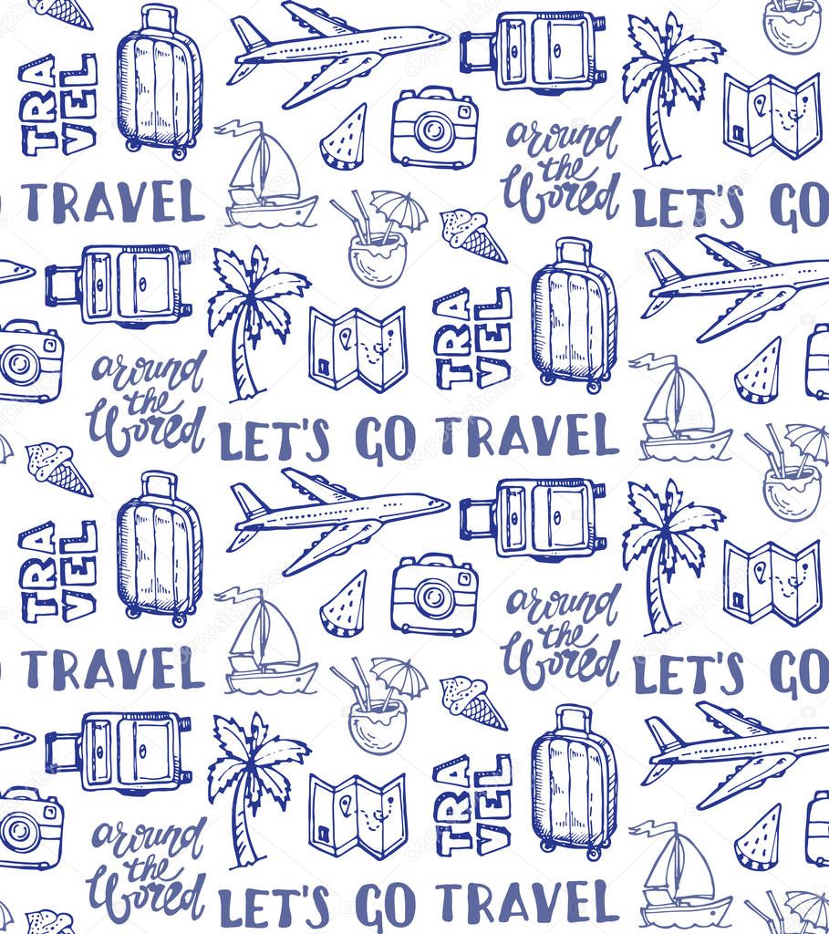 Hand drawn doodle travel set. Travel pattern