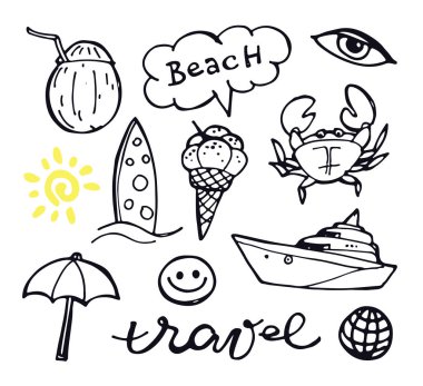 Elle çizilmiş doodle seyahat illüstrasyon. Seyahat seti