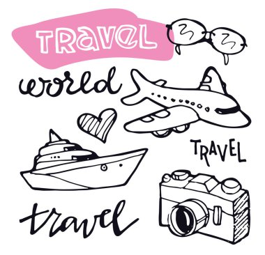 Elle çizilmiş doodle seyahat illüstrasyon. Seyahat seti