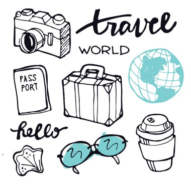 Elle çizilmiş doodle seyahat illüstrasyon. Seyahat seti