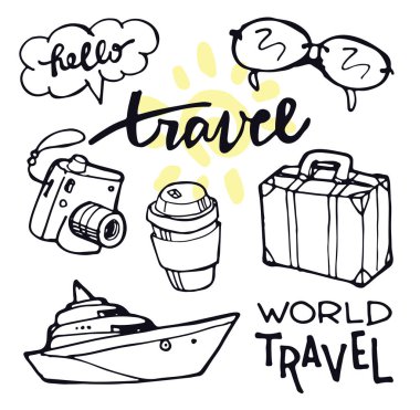 Elle çizilmiş doodle seyahat illüstrasyon. Seyahat seti
