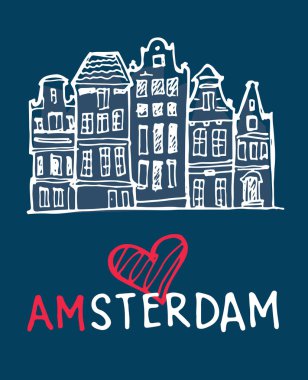 Elle çizilmiş doodle seyahat illüstrasyon. Manzara Amsterdam