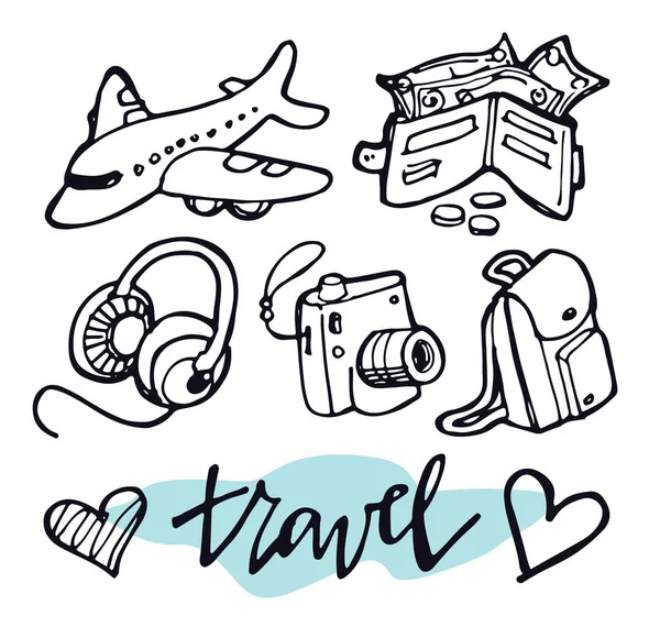 Ilustração Viagem Doodle Desenhado Mão Conjunto Viagem — Vetor de Stock