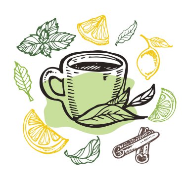 Elle çizilmiş doodle çay seti