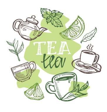 Elle çizilmiş doodle çay seti