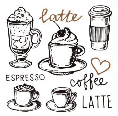 Elle çizilmiş kahve seti.