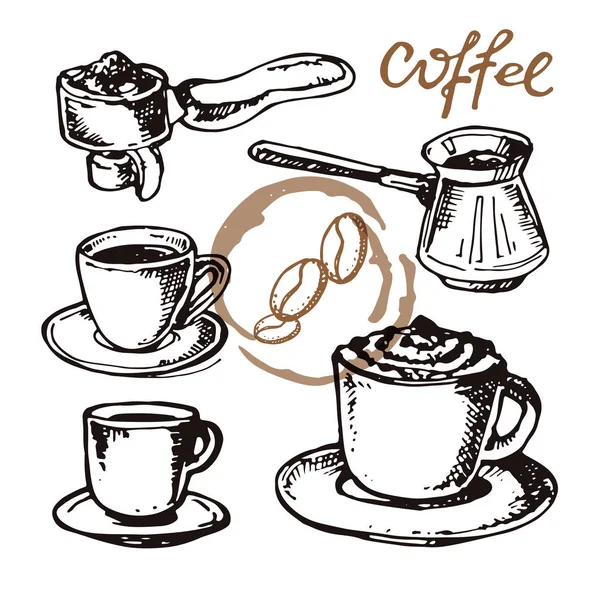 Set Caffè Doodle Disegnato Mano — Vettoriale Stock