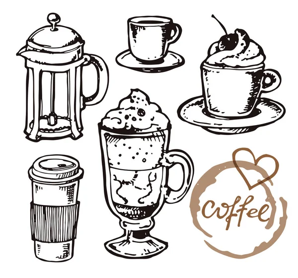 Handgezeichnetes Doodle Kaffee Set — Stockvektor