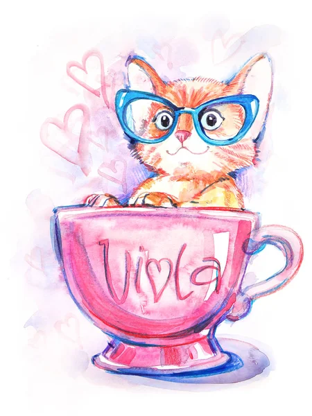 Chat Aquarelle Dessiné Main Dans Une Tasse — Photo