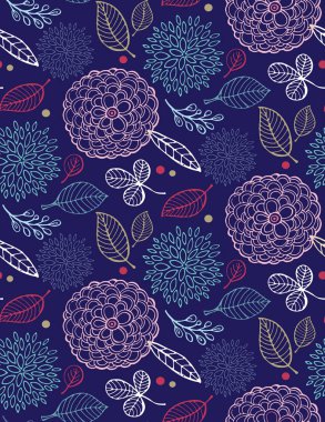 Elle çizilmiş doodle çiçek desenli. Çiçekler ve yapraklar