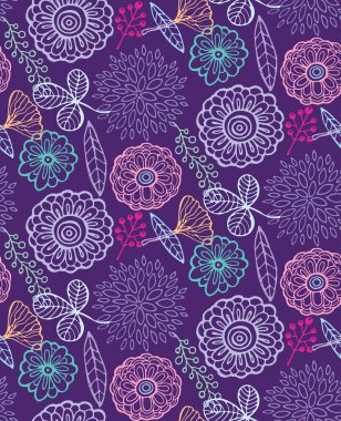 Elle çizilmiş doodle çiçek desenli. Çiçekler ve yapraklar