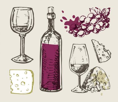 Şarap ve peynir - elle çizilmiş ayarla