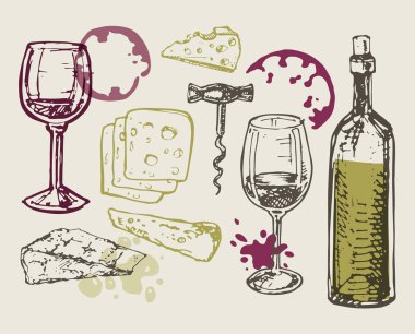 Şarap ve peynir - elle çizilmiş ayarla