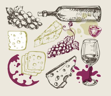 Şarap ve peynir - elle çizilmiş ayarla