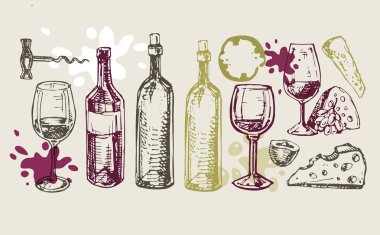 Şarap ve peynir - elle çizilmiş ayarla