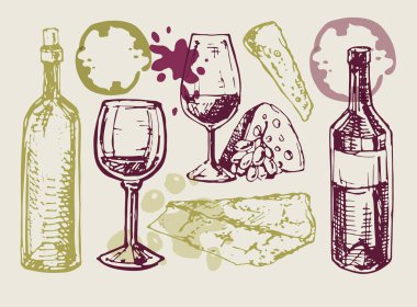 Şarap ve peynir - elle çizilmiş ayarla
