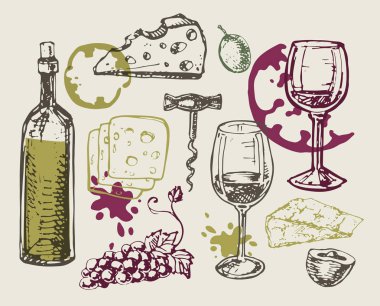 Şarap ve peynir - elle çizilmiş ayarla