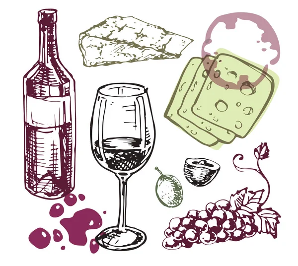 ワインとチーズ 手描きの設定 — ストックベクタ