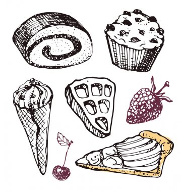Elle çizilmiş doodle tatlı tatlılar seti