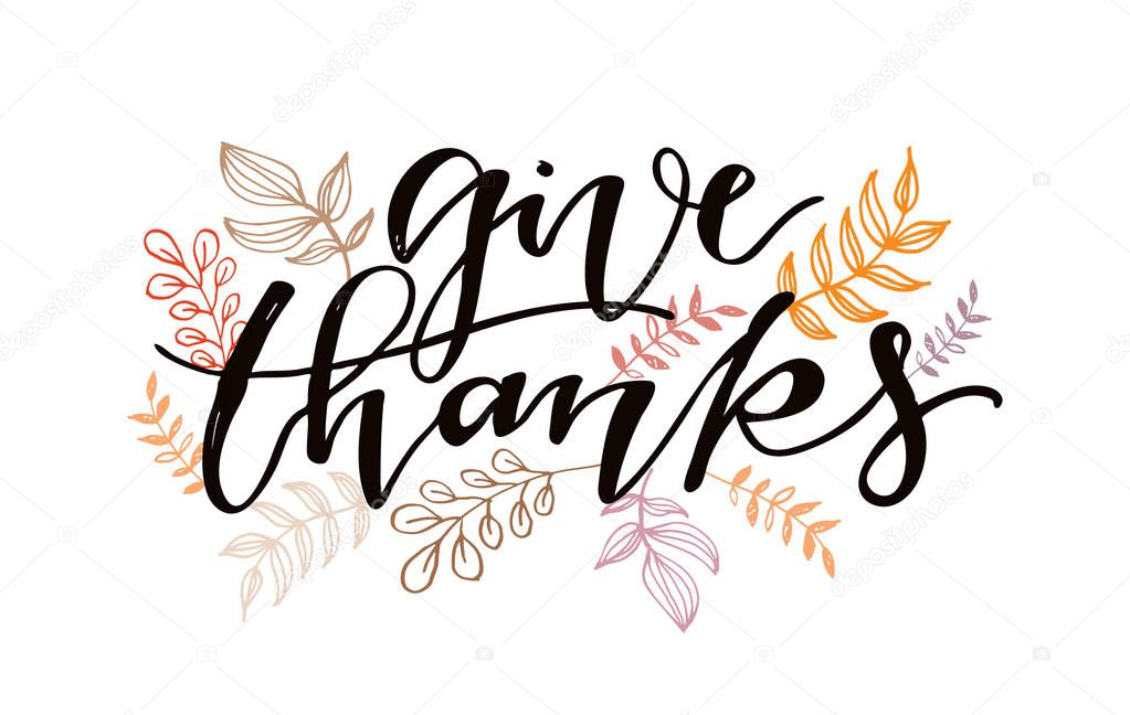 Give thanks - Happy thanksgiving day - hand drawn lettering postcard template banner