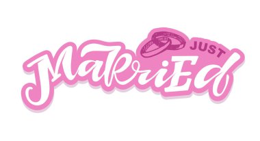 Sadece evlendik. Sevimli el çizimi karalamalar etiket şablonu sanatı.