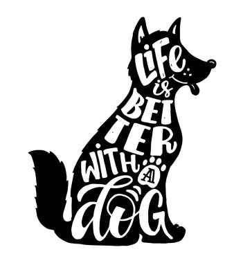 Hayat bir köpekle daha iyi. Motivasyon sevimli el çizilmiş karalama kartpostalları