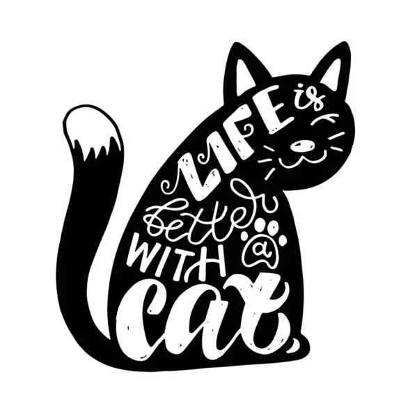 Vita Migliore Con Gatto Motivazione Carino Mano Disegnato Doodle Lettering — Vettoriale Stock