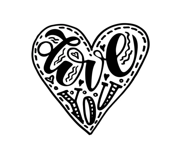 Amo Día San Valentín Corazón Lindo Dibujado Mano Garabato Letras — Archivo Imágenes Vectoriales