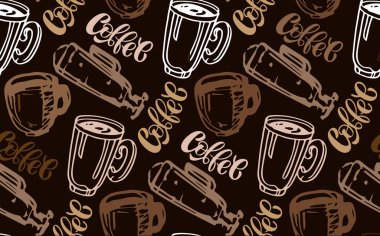 Kahve fincanı ve kahve fincanı olan güzel bir el çizimi. Kafe ve menü için kahve sanat şablonu.