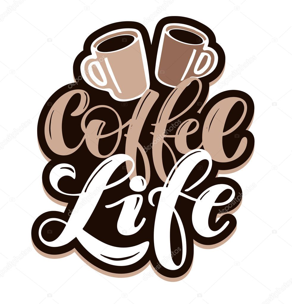 Inspiration quote. Hand drawn doodle lettering poster about coffee. Life begins with coffee.