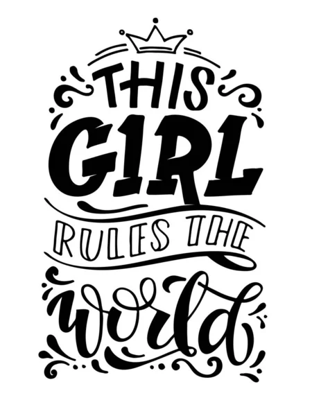 Girl Rules World Hand Drawn Vector Lettering Funny Phrase Print — Stock Vector