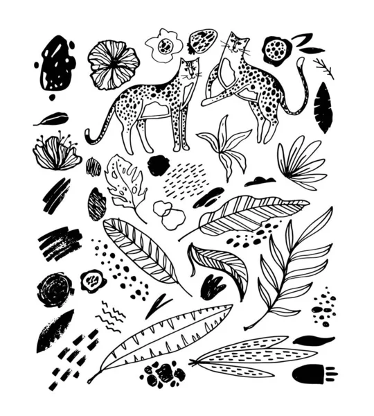 Leopardo Garabato Dibujado Mano Moda Palmera Diseño Plano Elementos Diseño — Archivo Imágenes Vectoriales