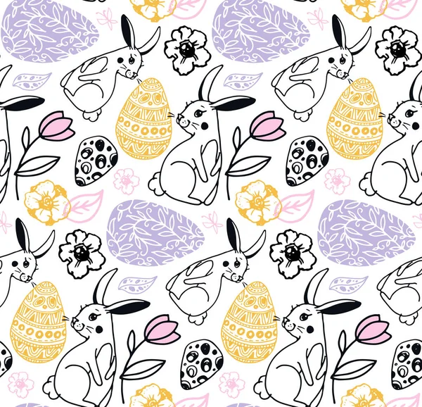 Joyeux Pâques Dessiné Main Tissu Fond Motif Doodle Textile Lapin — Image vectorielle