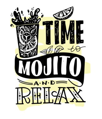 Mojito içme zamanı. Güzel bir el çizimi kartpostal. İçki menüsü. İçki posteri. Yaz kokteyli hakkında mektup yazma sanatı.