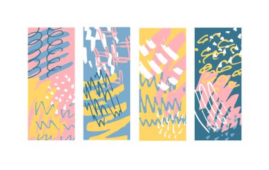 Sosyal medya şablonları. Soyut model. Mevsimlik satış afişi. Moda geçmişi. Elle çizilmiş parlak renkli karalamalar doğum günü partisi ya da yıldönümü davetiyesi. Desen arkaplanı ayarlandı.