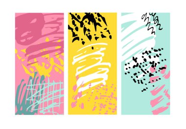 Sosyal medya şablonları. Soyut model. Mevsimlik satış afişi. Moda geçmişi. Elle çizilmiş parlak renkli karalamalar doğum günü partisi ya da yıldönümü davetiyesi. Desen arkaplanı ayarlandı.