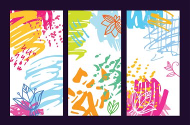 Moda geçmişi. Elle çizilmiş parlak renkli karalamalar doğum günü partisi ya da yıldönümü davetiyesi. Desen arka plan ayarlandı. Sosyal medya şablonları. Soyut model. Mevsimlik satış afişi.